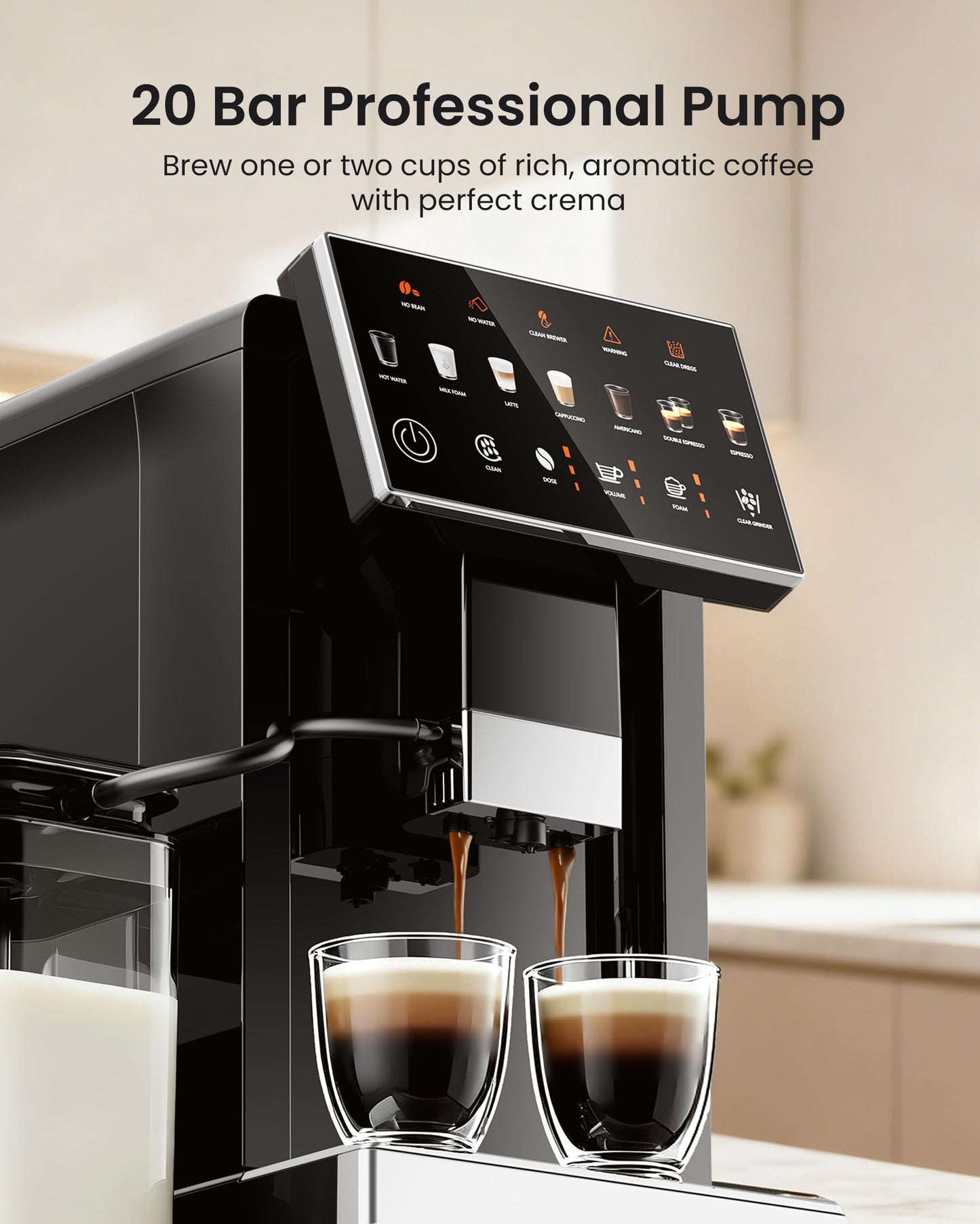 ICEVIVAL Fully Automatic Coffee Machine, 20 Bar Coffee Maker with Grinder, Automatic Espresso Machine with 15 Grinding Levels, Touch Control for Cappuccino & Latte, Auto Self-Cleaning