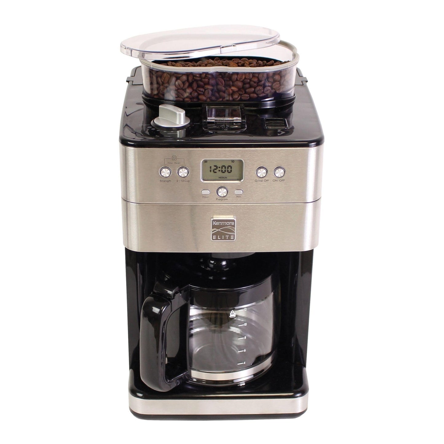 Kenmore Elite Grind and Brew Coffee Maker with Built‑In Burr Grinder, Automatic Drip Machine, 12‑Cup Programmable Brewer, Bean‑to‑Cup Cafetera, Stainless Steel Coffee Maker for Home & Office