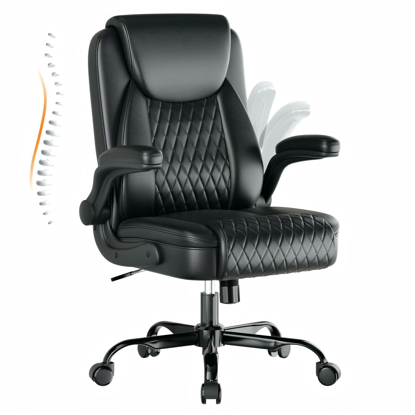 GTPLAYER Leather Office Chair, Home Desk Chair with Flip-up Arms and Ergonomic Back - Comfy Heavy Duty Executive Chair for Home Office Gaming, Charcoal Black