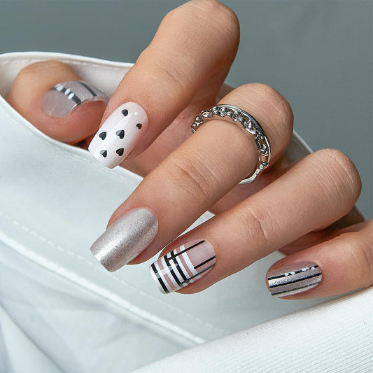 CurvLife Press On Nails Short Square Black White Heart, Glossy Soft Gel Fake Nails with Stripes and Silver Glitter, Reusable Salon Look Manicure for Women Teens Beginners, 30pcs, Daily Wear Work Party