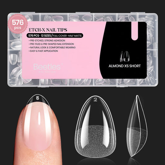Beetles Gel Nail Tips 576Pcs Extra Short Almond Fake Nails Etch-X Half Matte Press on Nail Tips Full Cover Gifts for Women Gel Nail Polish Extensions Set