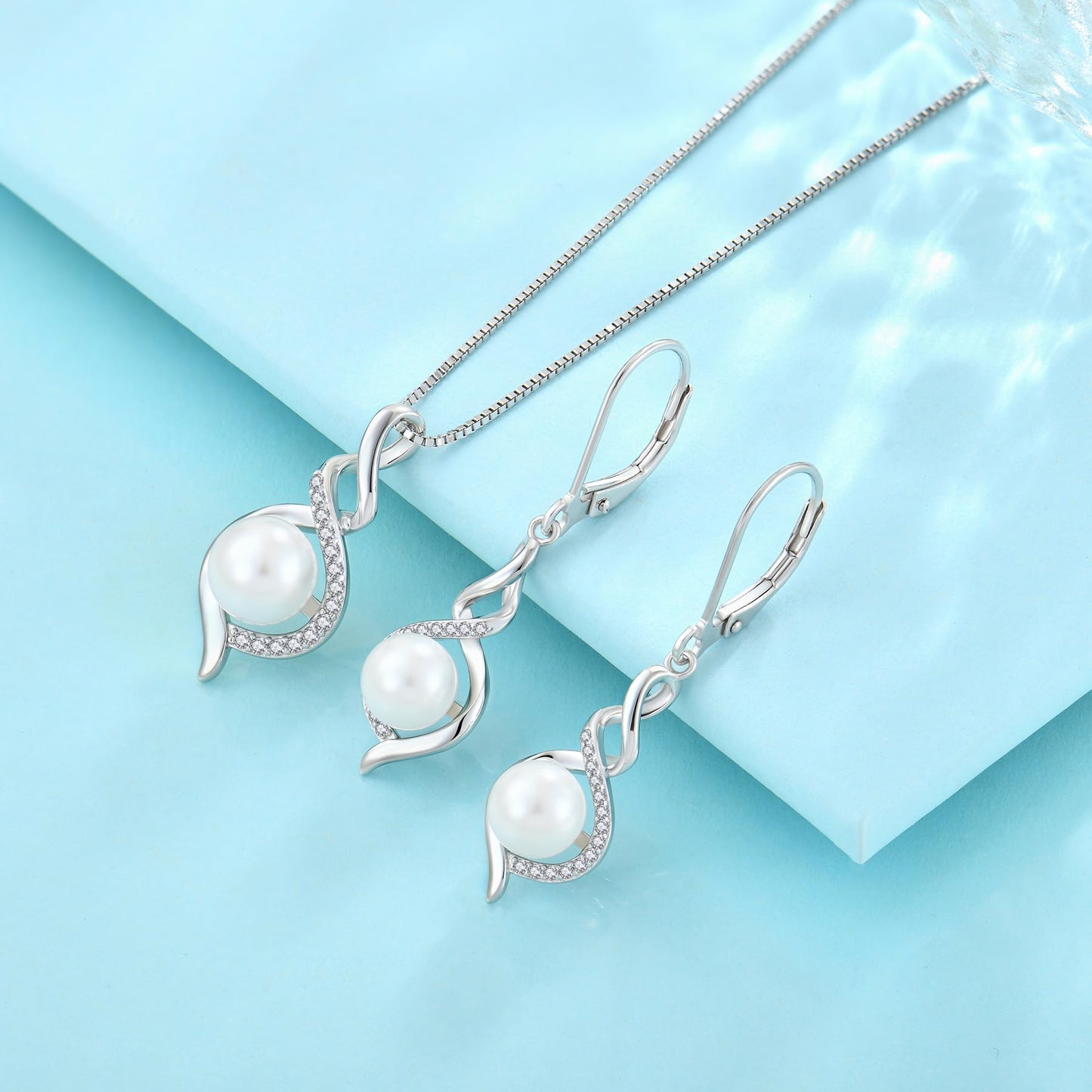 Rocayi Pearl 925 Sterling Silver Infinity Earrings and Necklace Jewelry Set for Women
