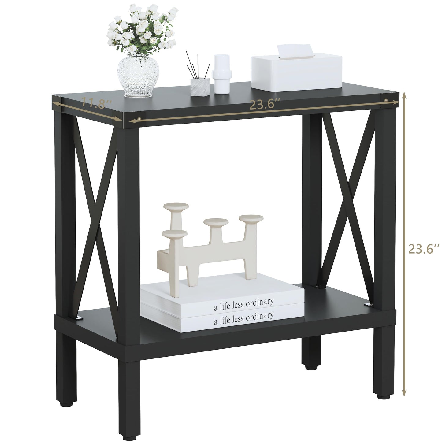 MMEOLUOOK Narrow End Table, Large Sofa Side Table, Farmhouse Nightstand with Storage Shelve, Slim Bedside Table for Living, Room Bedroom, Lounge Black MLBZ17B