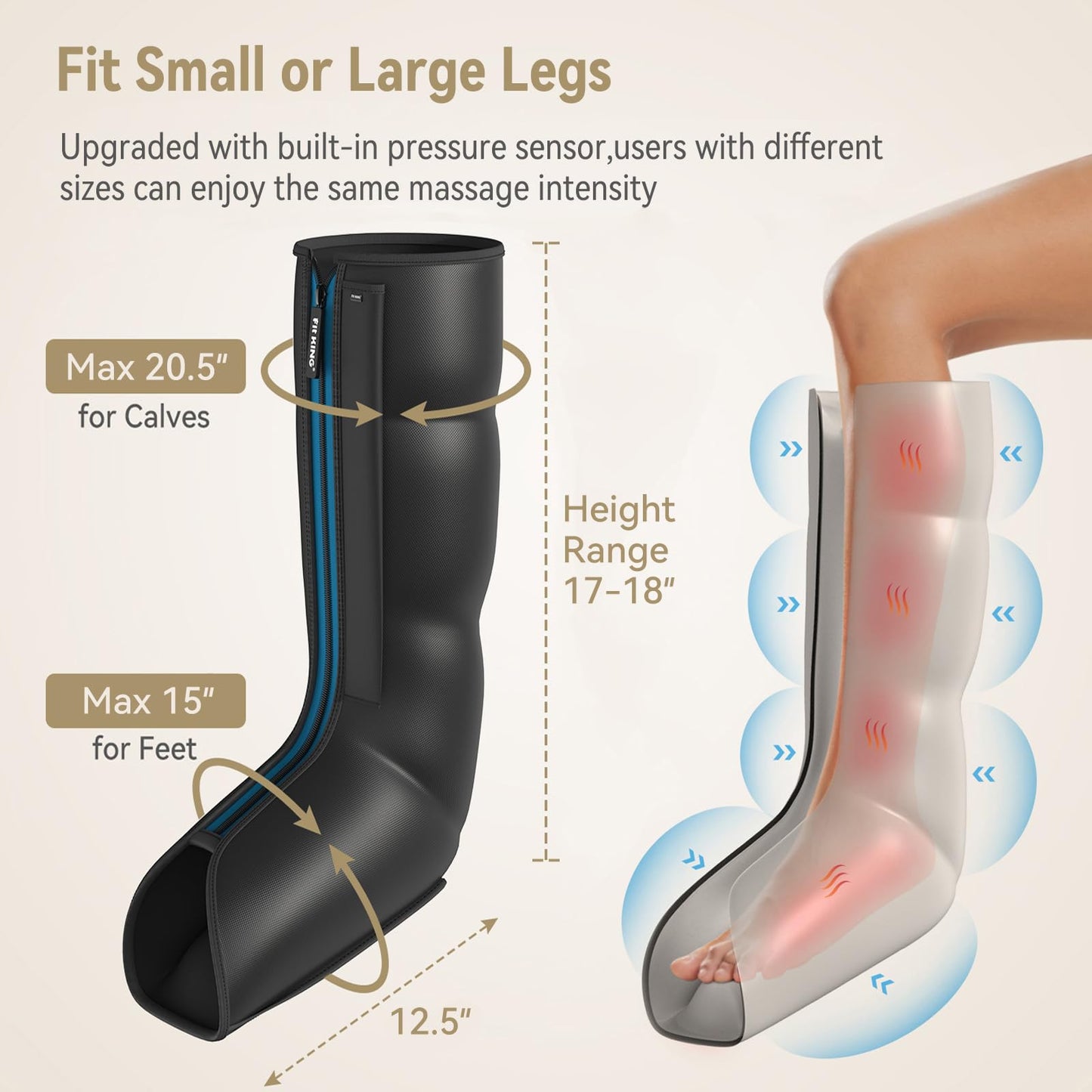 FIT KING Leg Massager with Heat and Compression Therapy, Leg Compression Massage for Circulation, Swollen Leg, RLS Pain & Fatigue Relief, Foot Calf Massager Boots, Recovery Pressure Boots