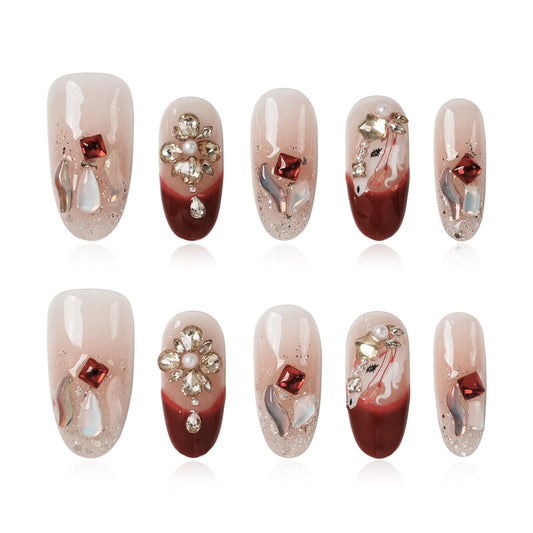 Tesytto Handmade Press on Nails Almond Shape Glossy Reusable False Nails for Nail Art (Crimson Crystal Butterfly Glow, M)
