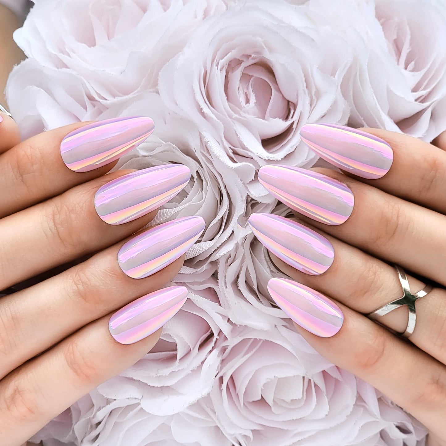 Hypnaughty Press On Nails - Caviar & Light Pink Almond Chrome, Trendy & Salon Quality Reusable Nails With Kit