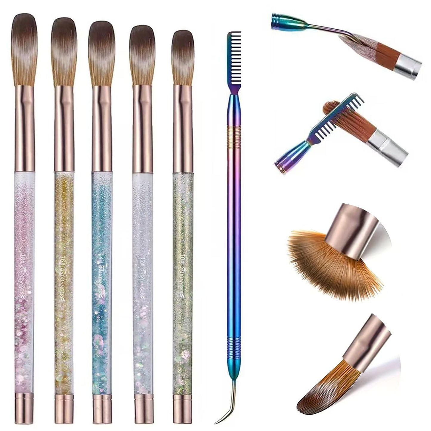 Acrylic Nail Brush Set, Size #10#12#14#16#18 Nail Sculpting Brushes with Dual-Ended Stainless Steel Nail Brush & Cuticle Pusher, Professional Manicure Kit for Acrylic Application & DIY Manicure