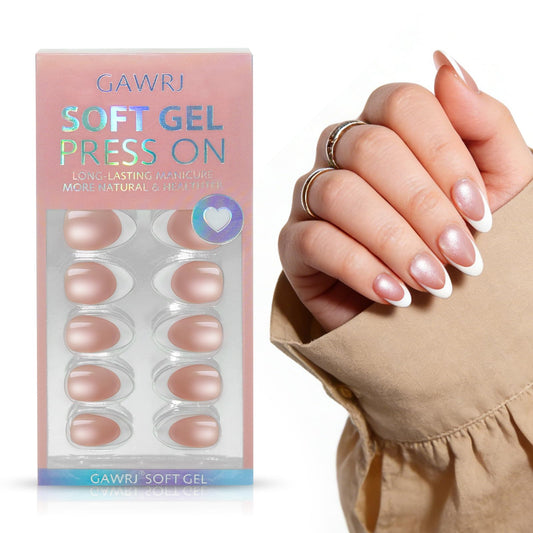 GAWRJ Brown Cat Eye French Press on Nails, Short Almond Shape, White French Tip Glue on Nails, 32 Pieces in 16 Sizes, with Glue Tabs and Nail Tools