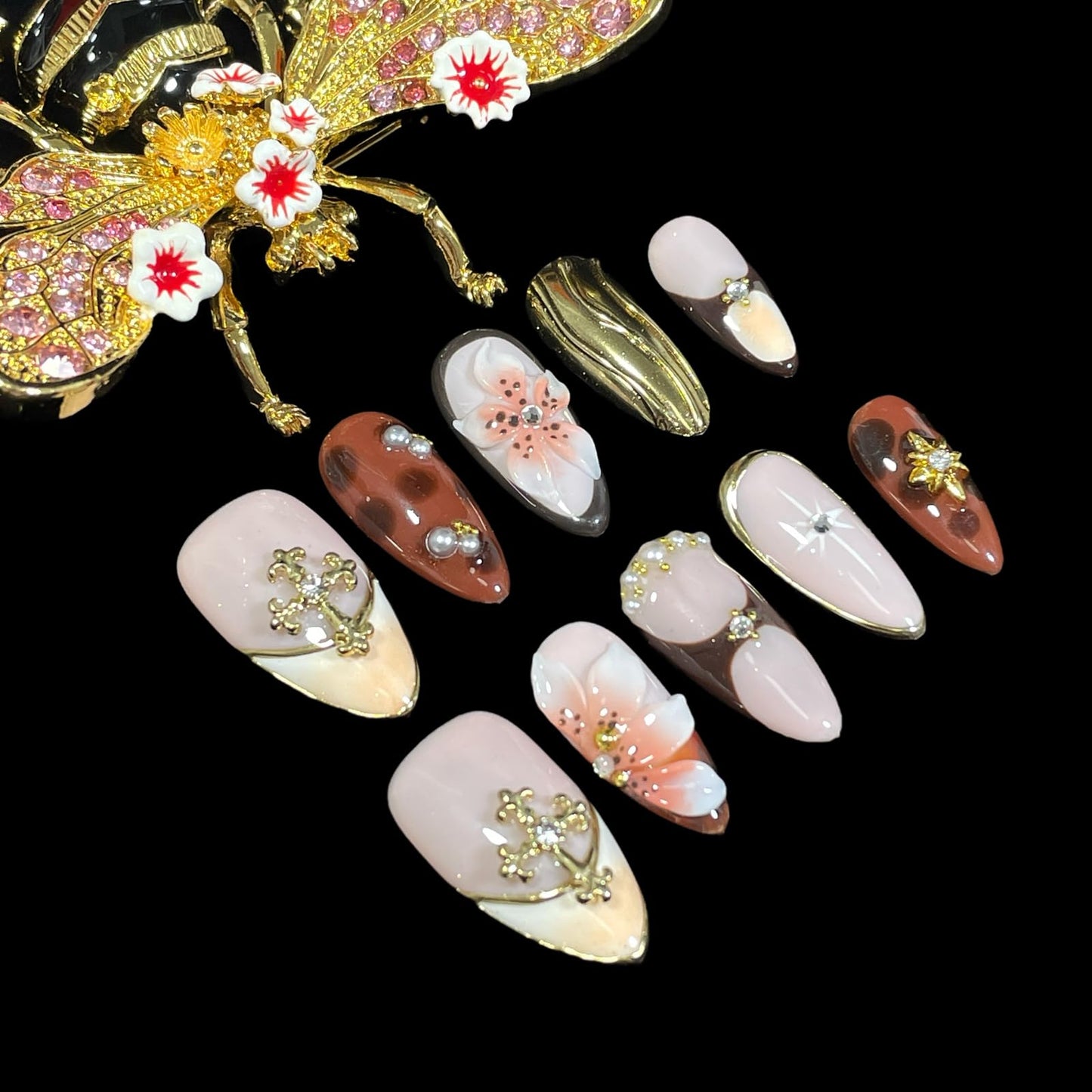 Handmade Press On Nails Medium Almond 10 Unique 3D Floral Designs Gold Filigree Crosses Caramel-Brown & Peach Blossoms | Reusable Acrylic False Nails for Women (Brown, M)