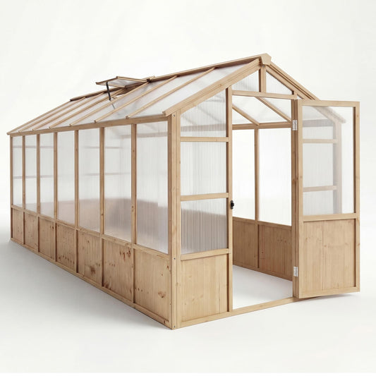 Wooden Greenhouse Kit with 4mm Polycarbonate Panels & 2 Adjustable Ventilation - Heavy Duty Wood Large Outdoor Greenhouse with Lockable Door for Garden, Backyard, Patio, Lawn Walk-in Green House
