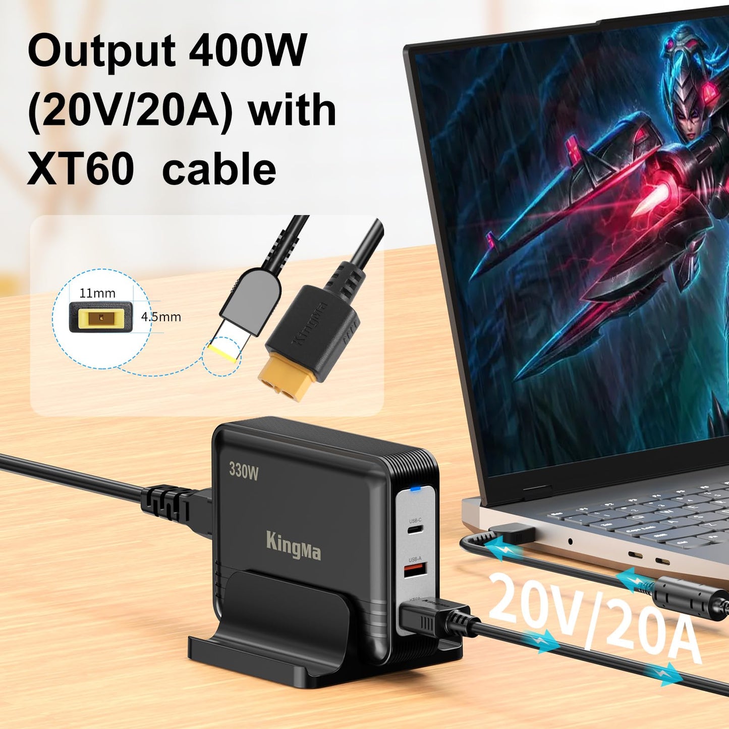 King Ma GaN Portable Laptop Charger Compatible with Legion Pro 7i Gen 10,3 Ports Fast Charging,with a Power Cable with a 11-45 mm Charging Port(20V/20A Output), for Gaming and Engineering Laptops.