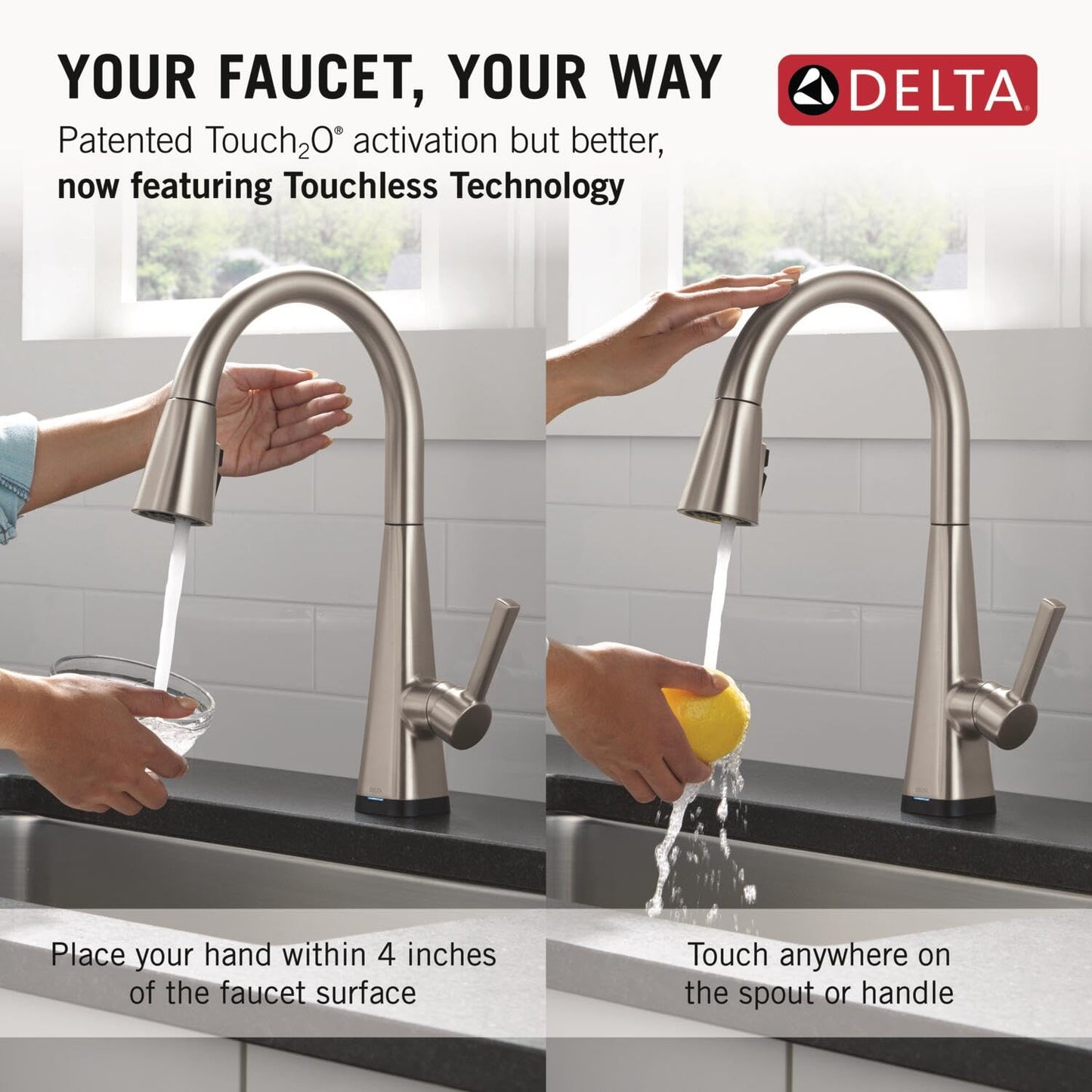 Delta Lenta Touchless Kitchen Faucet with Touch Technology, Brushed Nickel Kitchen Sink Faucet with Pull Down Sprayer, Single Hole, SpotShield 19802TLZ-SP-DST