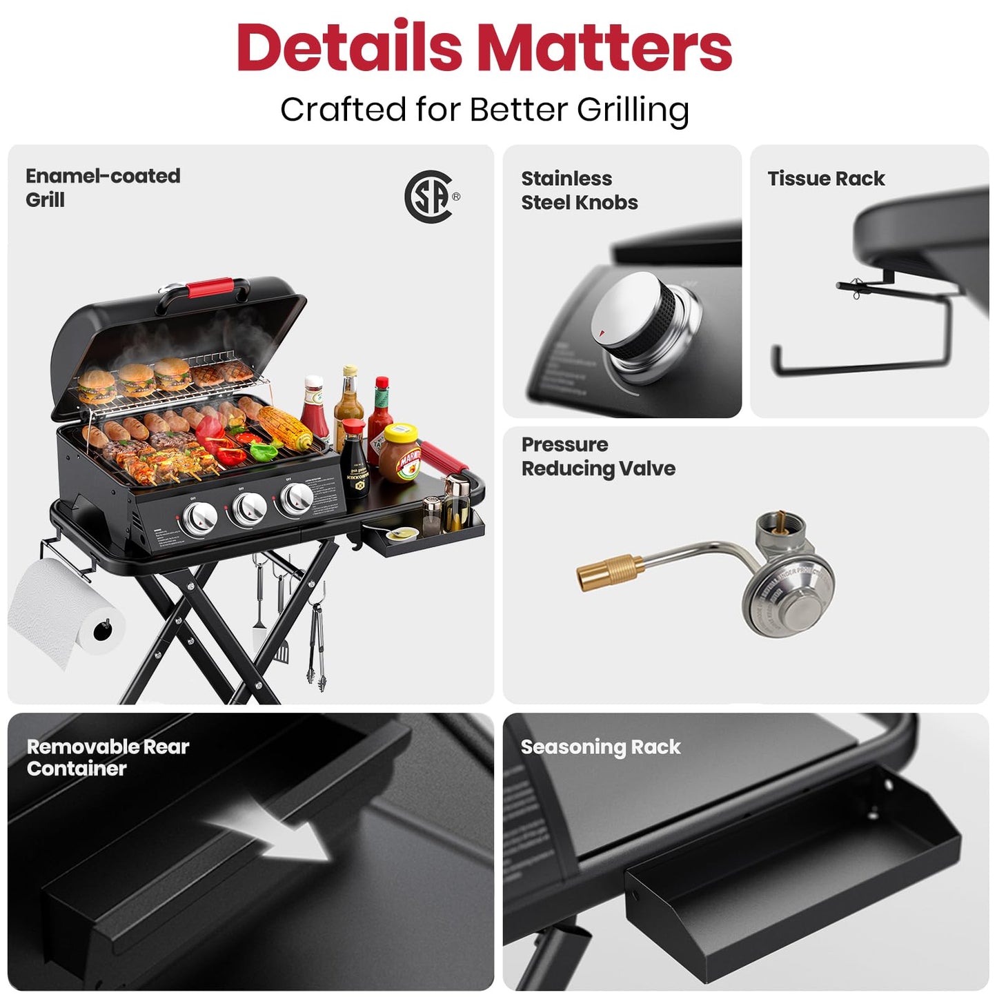 Laudlife 3-Burner Portable Gas Grill with 30,000 BTU, 320 SQ.IN Detachable Propane Grills, Non-Stick Porcelain Grate, Built-in Thermometer, Quick-Fold Design for Camping, Tailgating & Outdoor BBQ