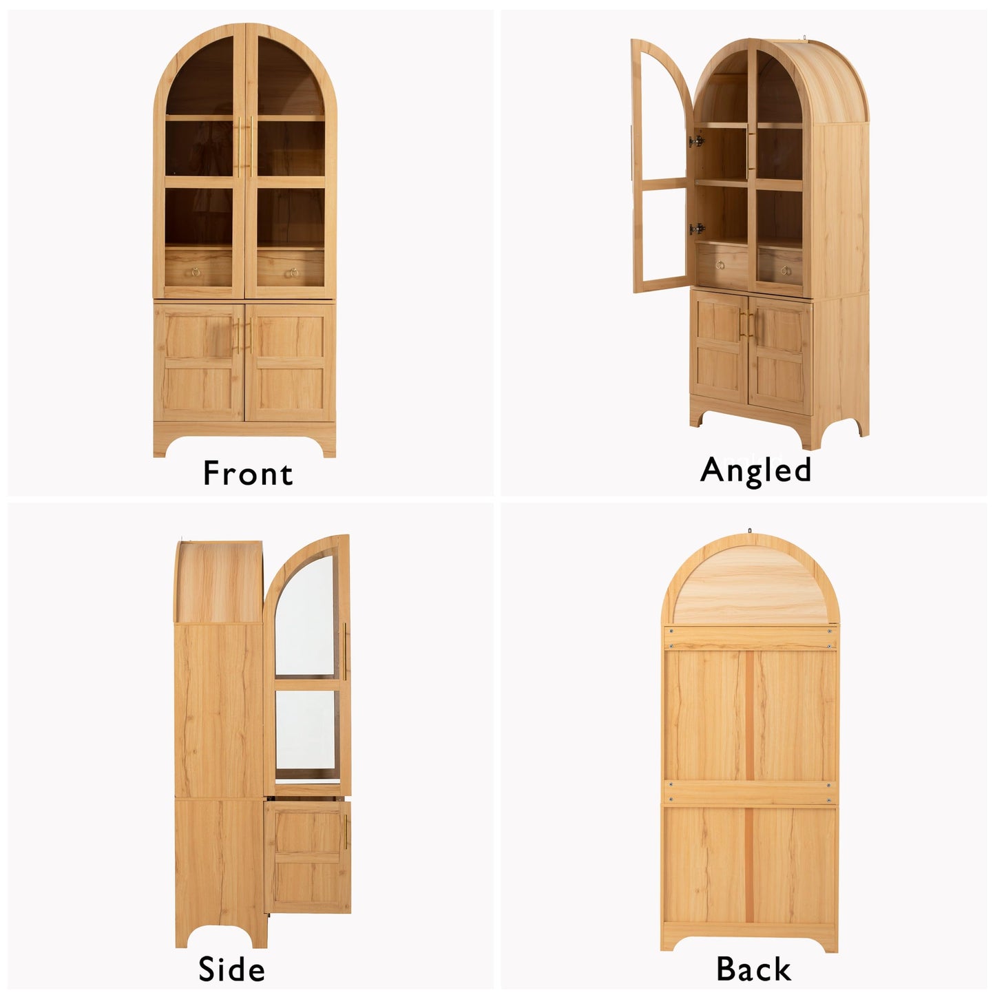 Erteliza 71" Farmhouse Arched Storage Cabinet with Glass Doors & Hidden Drawer, Tall Arched Cabinet with Adjustable Shelves, Kitchen Pantry Cupboard for Dining Room, Natural