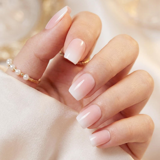 Bioday Ombre Press on Nails Short Square, Soft Gel Nude Pink Fake Nails Press on with Glue, 30Pcs Reusable Stick on Nails in 15 Sizes, Salon Quality False Nails for Women Spring Summer Vacation Gift