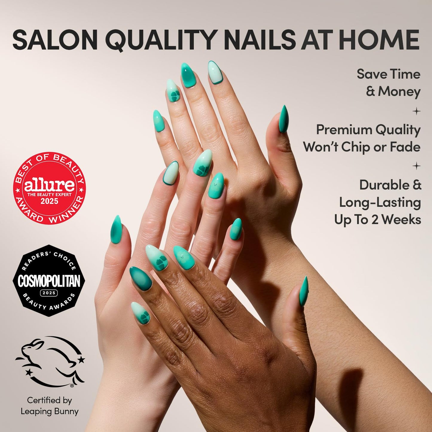 Glamnetic Press On Nails - Siren Green | Short Almond Fake Nails with an Aquamarine Gradient and Tropical Flower Accents, Salon Quality Summer Nails | 15 Sizes - 30 Nail Kit with Glue