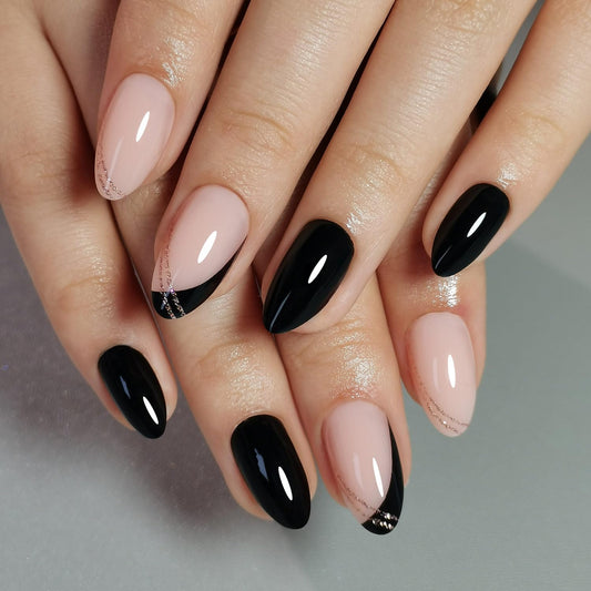 Curvlife Press On Nails Stick On Short Design Acrylic Stick On Nails Tips Glue On False Nails Kit For Women (Black gold border-gel, Medium)