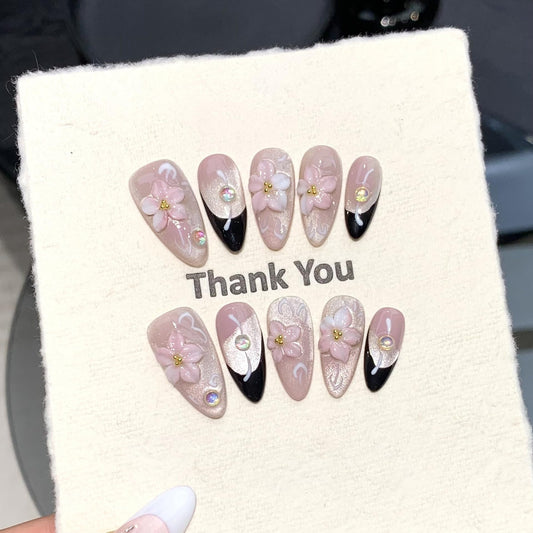 FANTACIEL Handmade Press On Nails Almond Shape, Pink Blossom Floral False Nails, 3D Carving Full Cover Glue On Nails, Cute Acrylic Fake Nails for Women DIY Manicure & Daily Wear (Pink, L)