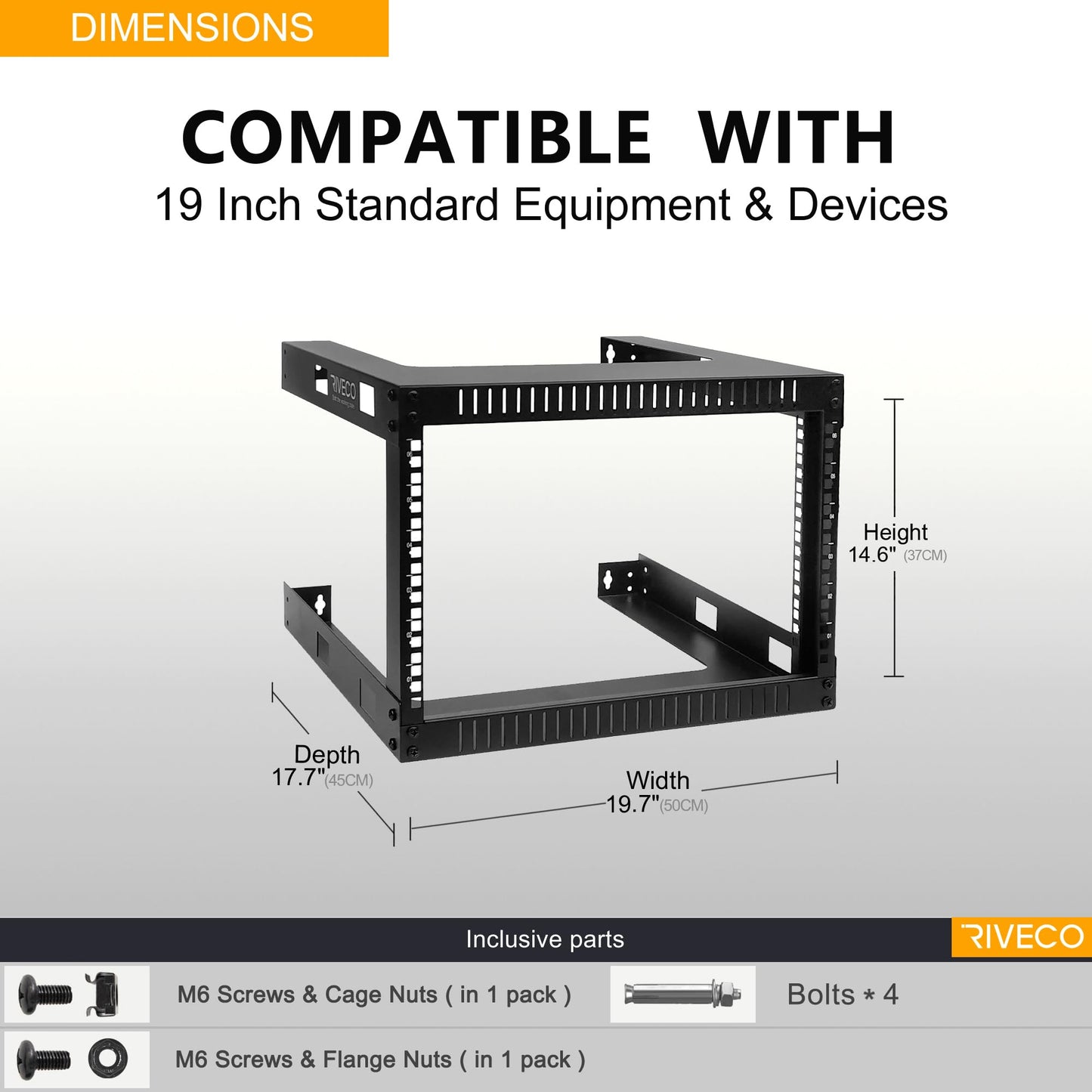 RIVECO 6U 19" Wall Mount Network Rack – 17.7" Deep 2 Post Shelf Open Frame Cabinet Easy Assembly Firm Constructed for Internet/Server/AV/Home Equipment/Patch Panel Heavy Duty Light Weight, Black