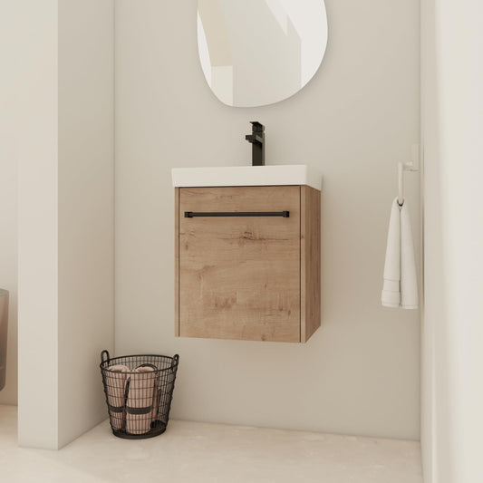 KEIKI 18'' Bathroom Vanity Cabinet with Sink, Wall Mounted Floating Bathroom Vanity with Soft-Close Cabinet Door, for Small Bathroom, Imitative Oak