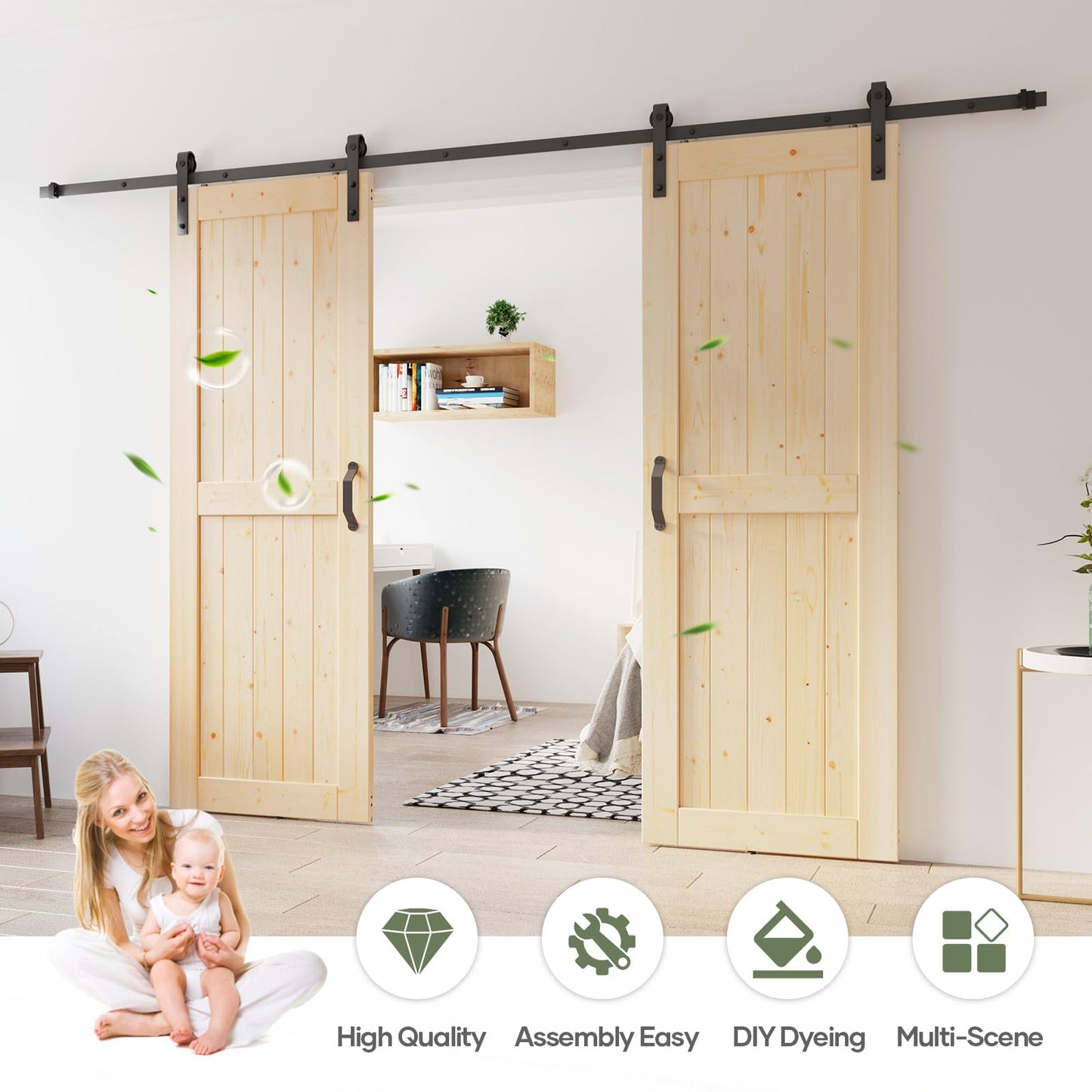 ROYMELO Double 32x80 inch Sliding Barn Wood Door Slab with 5.5ft Hardware Kit and Handle