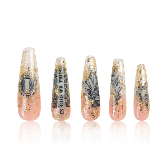 LOVFUL Press on Nails Dollar | Handmade with Full Covered Crystals | Reusable Fake Nails | Coffin Mid length 1.7 in | H98-S