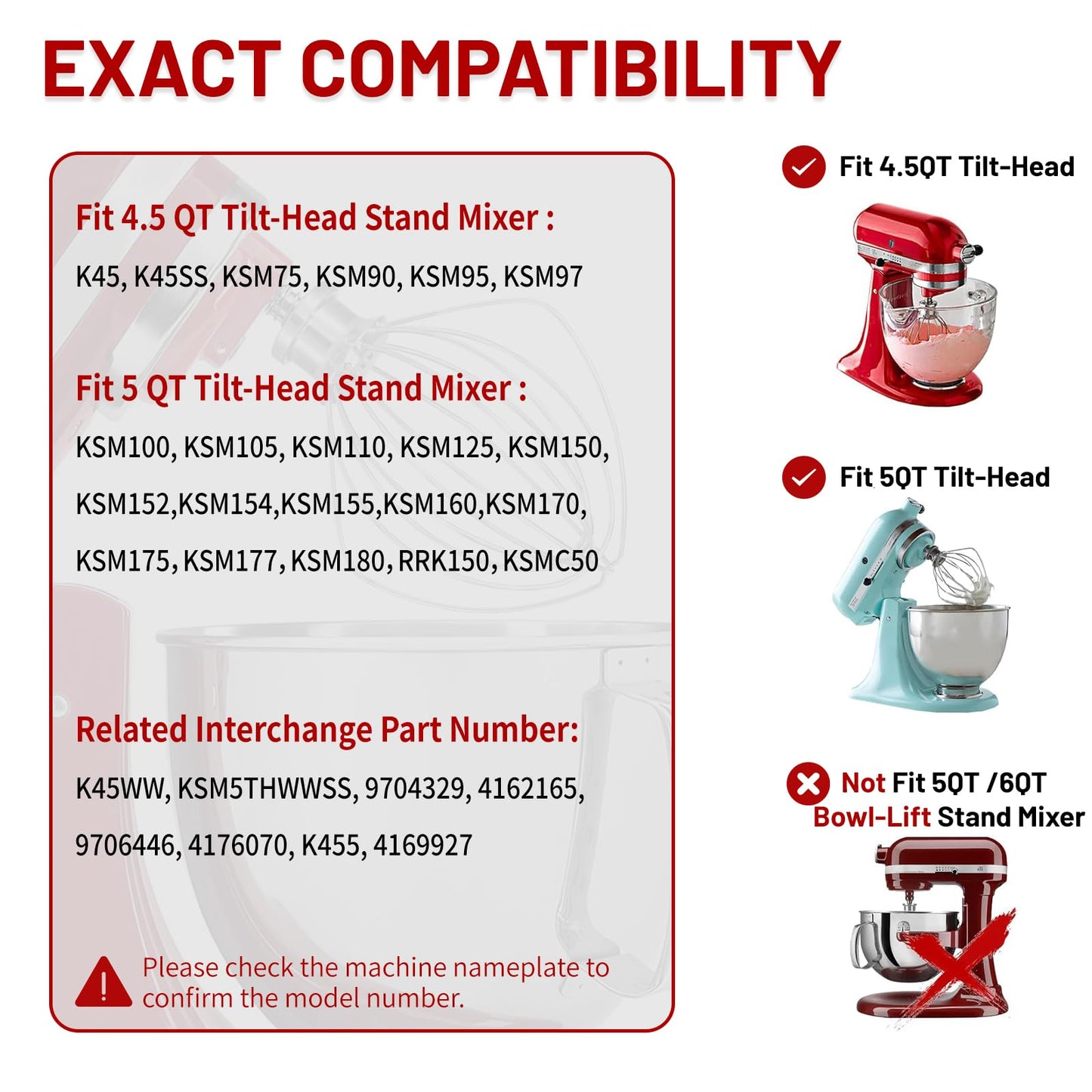 K45WW 6 Wire Whip Attachment for KitchenAid 4.5 5 Quart Tilt-Head Stand Mixer, Dishwasher Safe, Stainless Steel Whisk for Kitchen Aid Mixer Accessory Replacement Parts