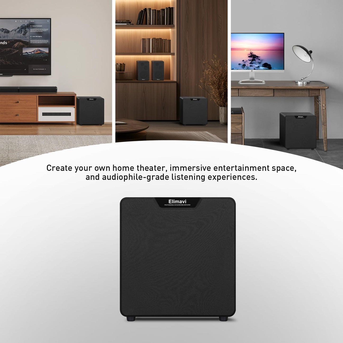 Elimavi Front Firing Powered Subwoofer - 400W Deep Bass Home Theater Sub for Large Rooms - 12" Copper Driver, MDF Enclosure w/Aluminum Radiator - Connect Extra Sub via Subwoofer Out