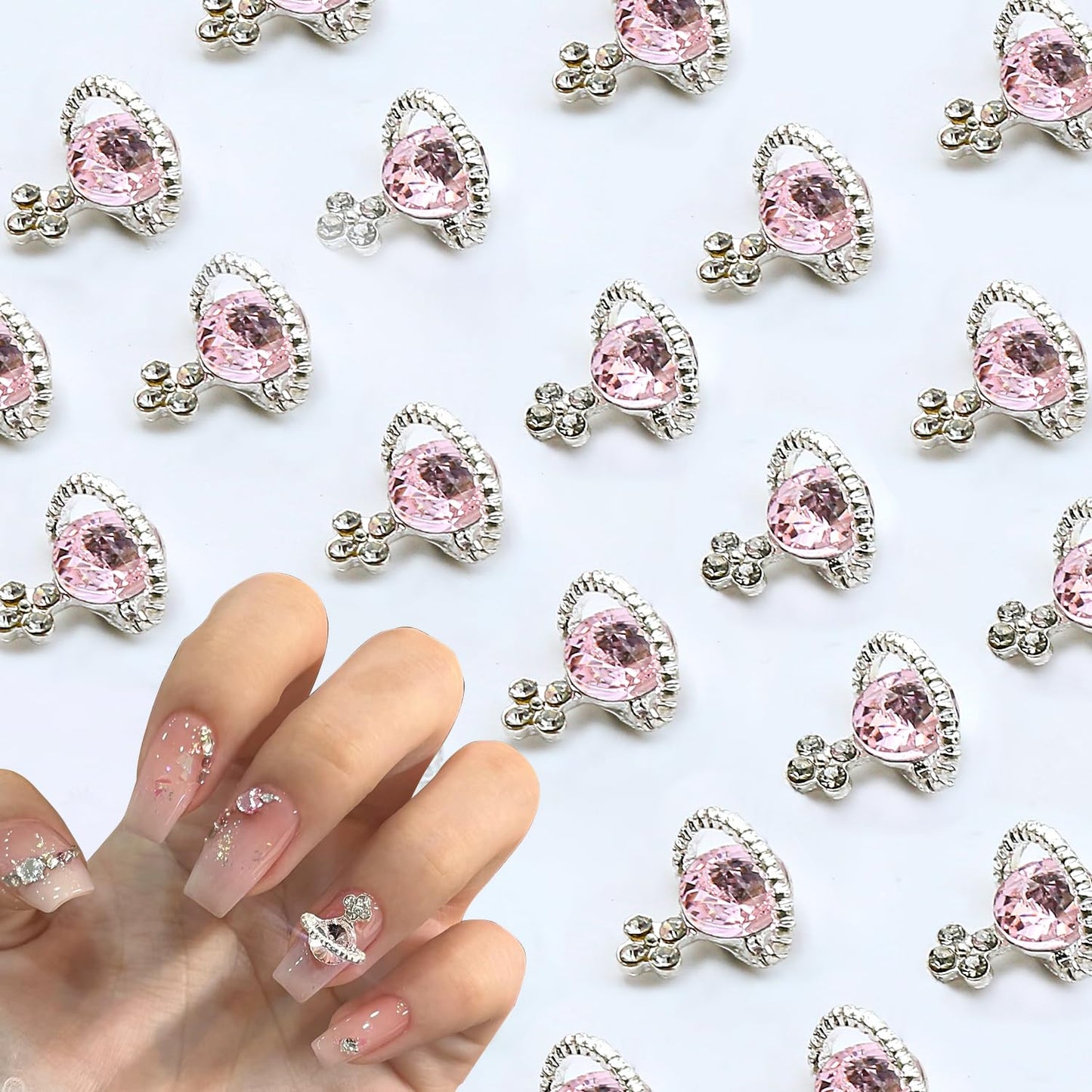 60pcs Planet Nail Charms with Gems, Y2K Sliver Cross Nail Art Charms, 3D Chrome Nails White Pink Saturn Shape Shiny Rhinestones Nail Supplies, Crystal Acrylic Charm for Women