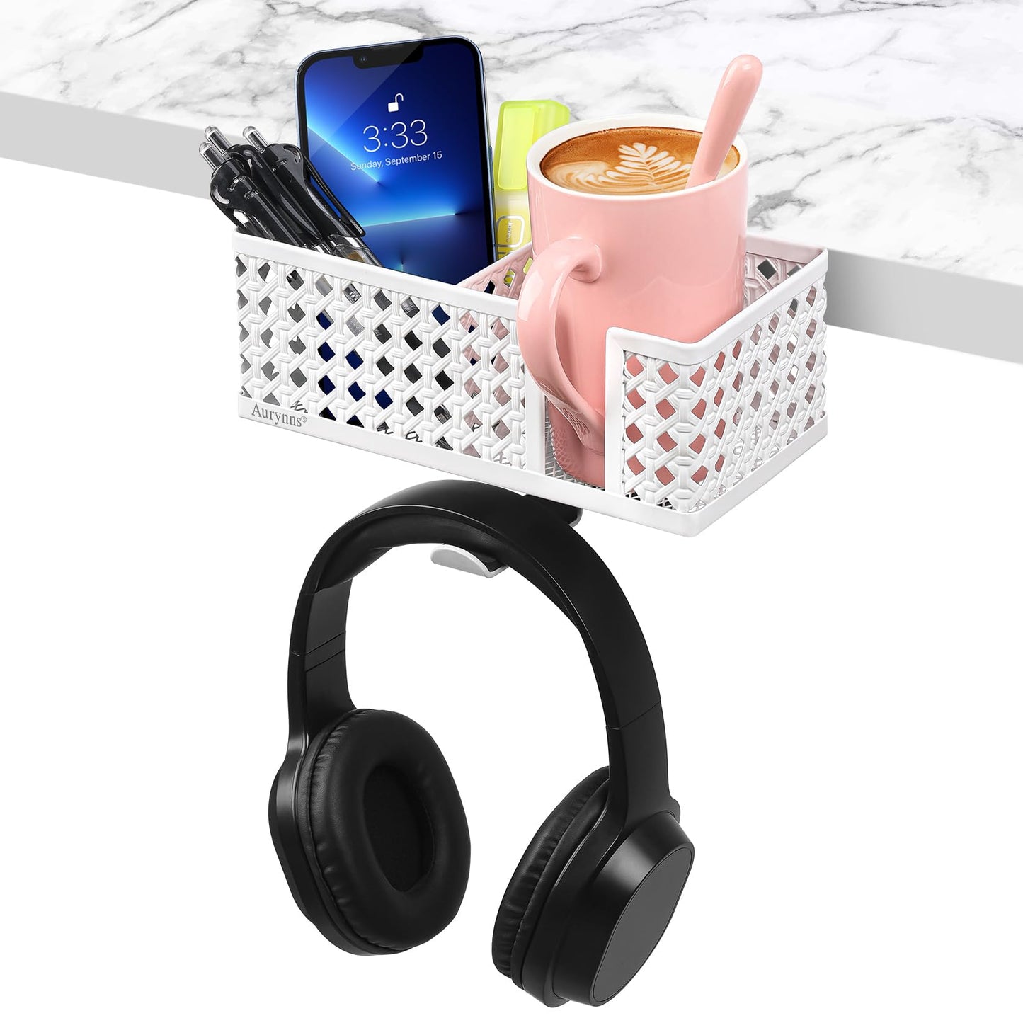 Aurynns Desk Cup Holder, Clip on Cup Hook, Pen Holder Clamp Desk Organizer Pencil Holder Phone Holder Desk Storage for Office School Home (White)