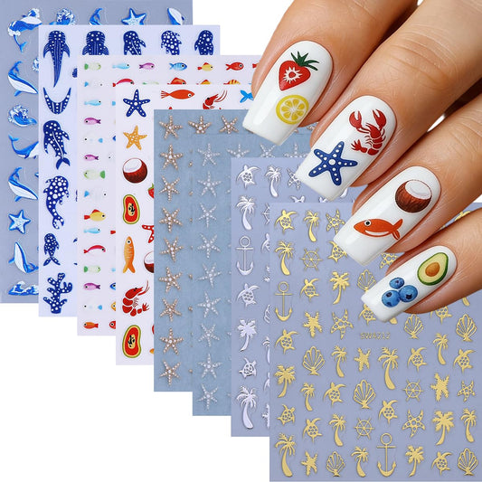 Summer Beach Nail Stickers 8 Sheets - Starfish, Sea Turtle, Palm, Fish & Whale Design, Self-Adhesive Nail Decals for Women, DIY Manicure Supplies