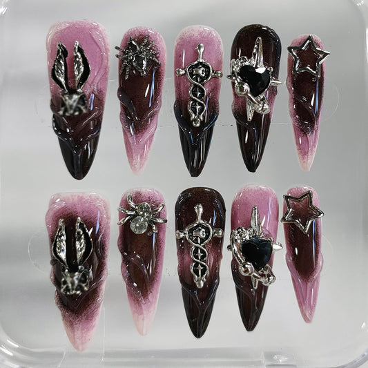 Halloween Handmade Press on Nails Long Almond 3D Nails Gothic Thick Acrylic Fake Nails Ombre False Nails with Rhinestones Spider Heart Designs Pink&Black Sturdy Nail Art Press on Nails 10Pcs(S)