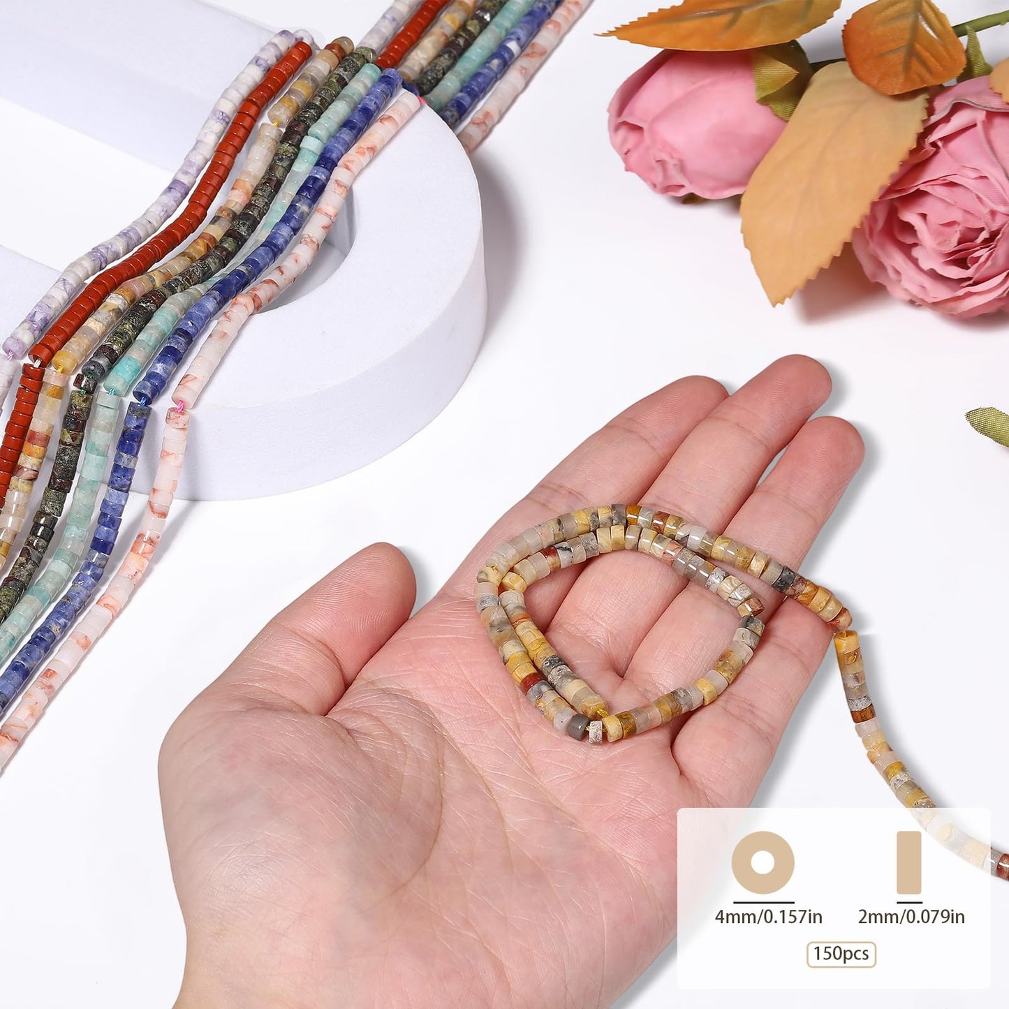 NITOPUPU 150Pcs 4×2mm Natural Green Agate Spacer Stone Beads for Jewelry Making Supplies, Loose Semi Flat Round Gemstone Tube Beads for Bracelets DIY Crafts