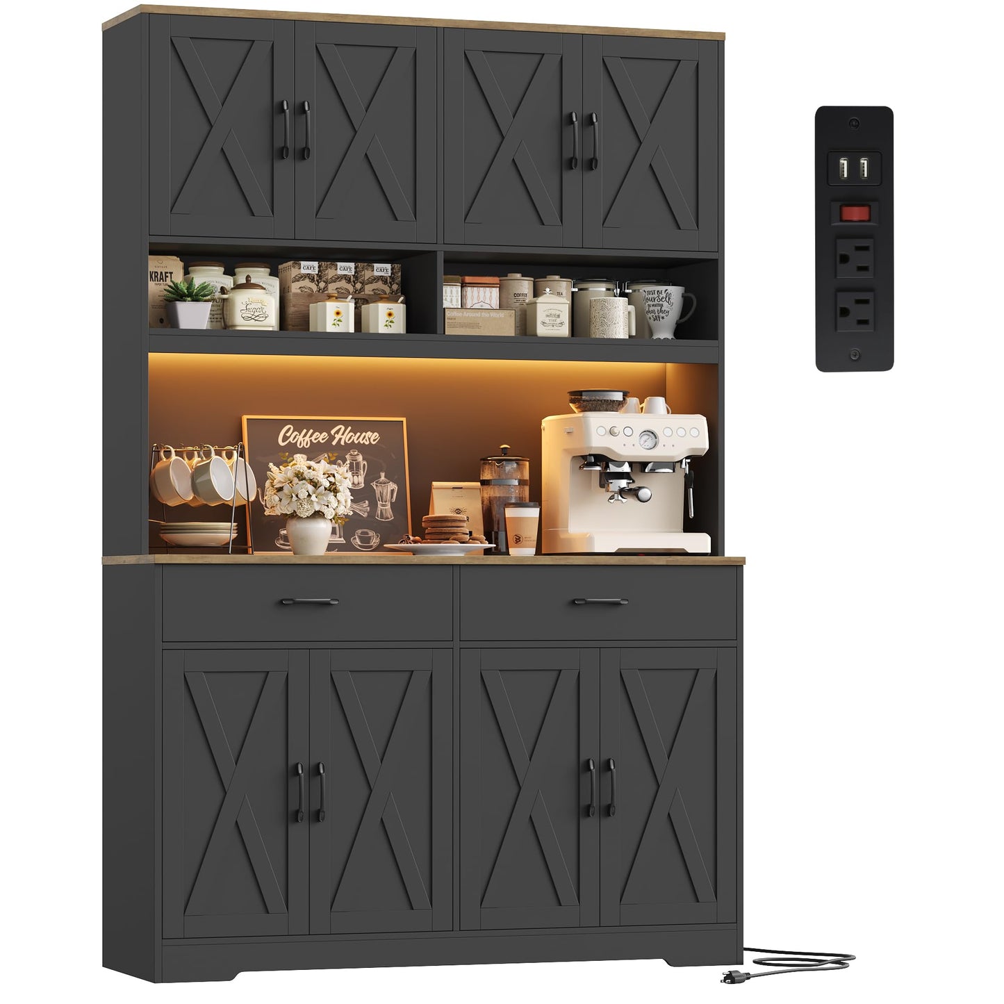 HOSTACK Modern Farmhouse Pantry Cabinet, 75" Tall Kitchen Pantry Storage Cabinet with Charging Station, RGB LED Light, Multi-Purpose Kitchen Storage Hutch Cabinets with Adjustable Shelves, Black