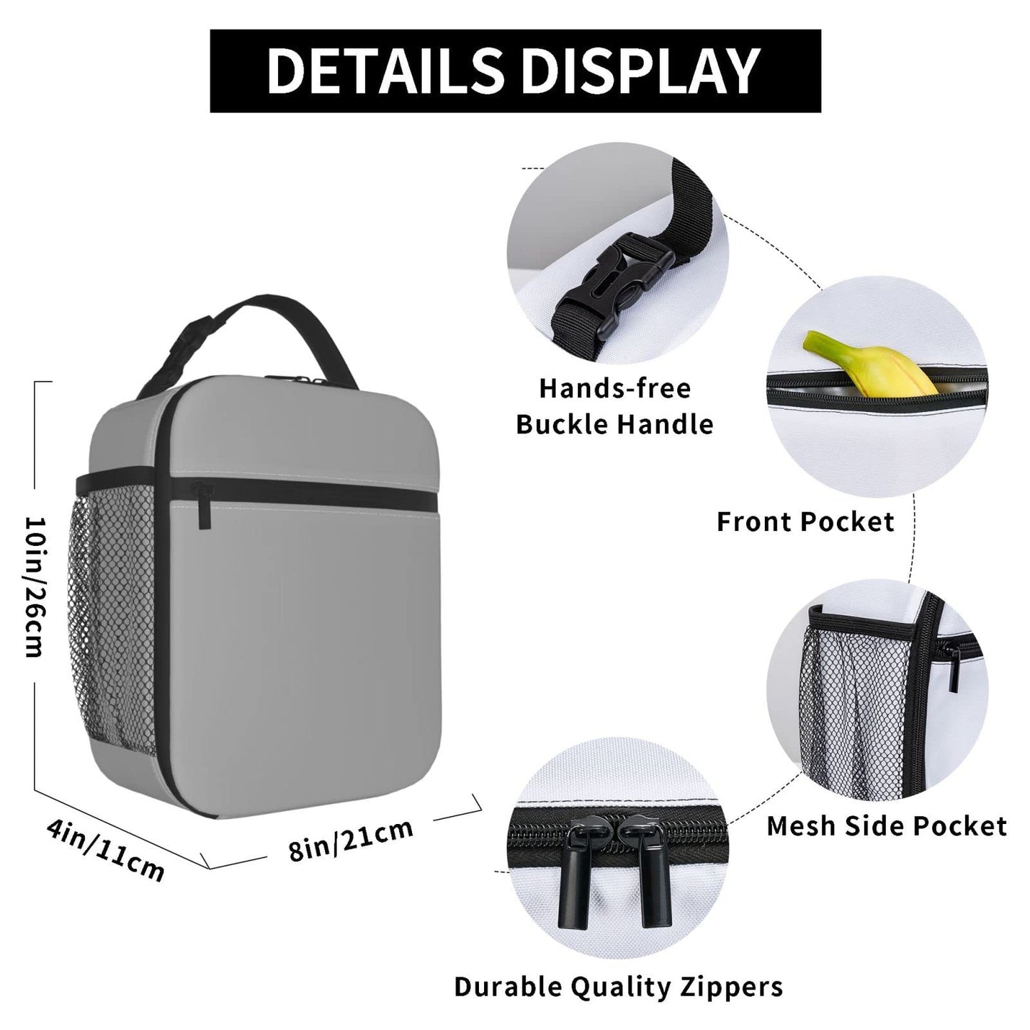 Lhdlnn Gray Lunch Bag Women Men Insulated Grey Lunch Box Reusable Large Cooler Tote Adults with Bottle Holder for Work Office Picnic