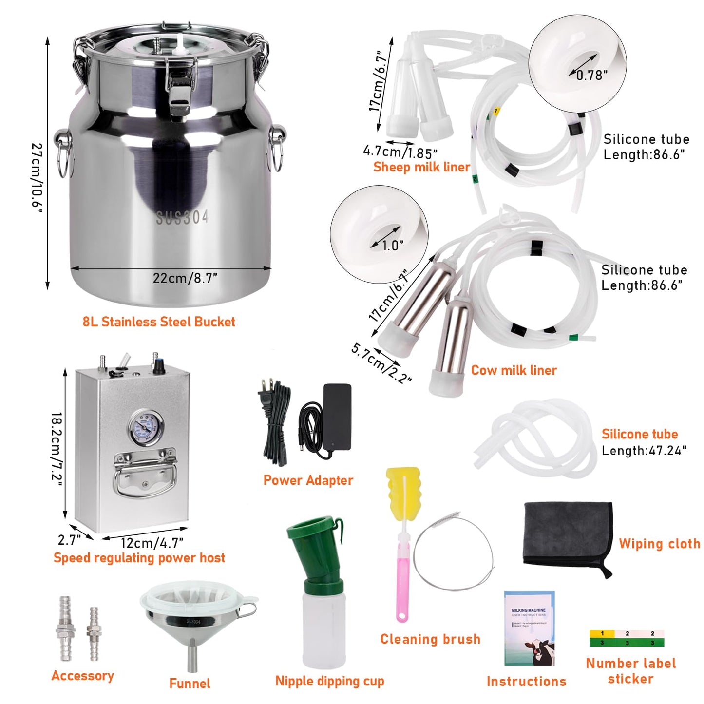 PKNYBZN 8L Milking Machine, Adjustable Suction Pulsation Vacuum Electric Milker, 2-in-1 Milking Machine with 304 Stainless Steel Buckets for Cows and Goats