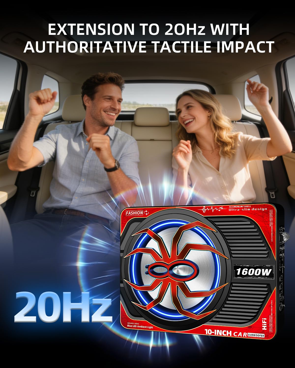 TZGBASS 1600W Slim Under Seat Subwoofer and Amp Package, Powered Car Subwoofer with Built-in Amp, Subsonic Deep Bass, LED Switch Control, High-Excursion Underseat Subwoofer for Truck/Car Audio Systems