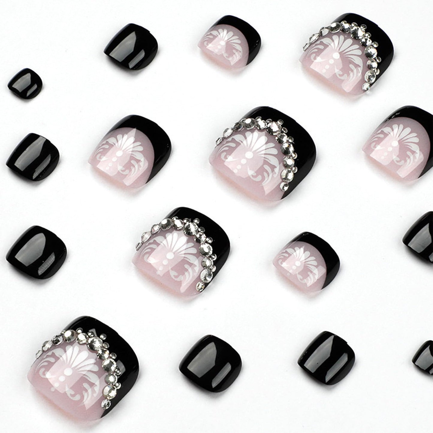 Press on Toenails French Tips ToeNail Press ons Fake Toe Nails Black False Toenails Glossy Full Cover Acrylic Glue on Toenails with Designs Rhinestones Artificial Stick on Toenails for Women Manicure