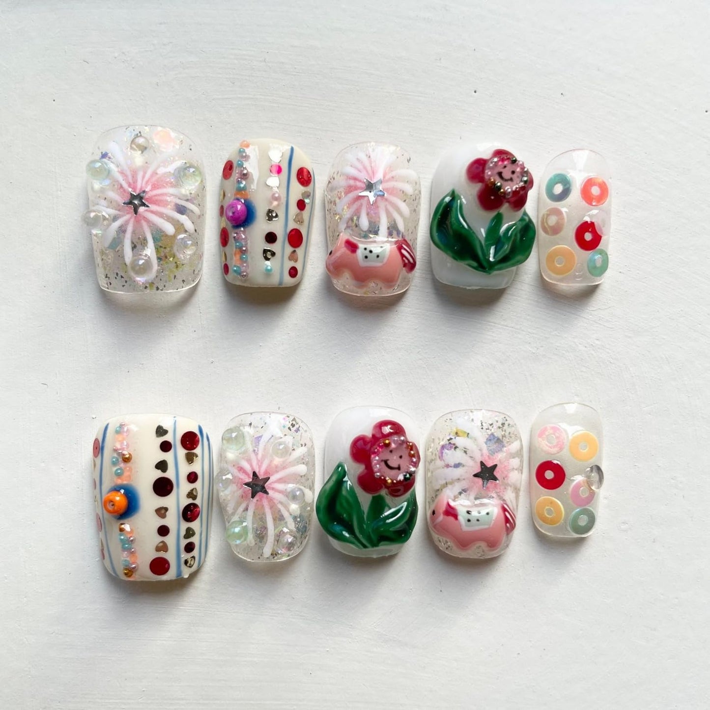 Luxury Press on Nails Short Square Handmade 3D Unique Reusable ABS Material Fake Nails White False Nails with Flower Polka Dots Glitter Designs Glossy Glue on Nail Thick Acrylic Nail(S)