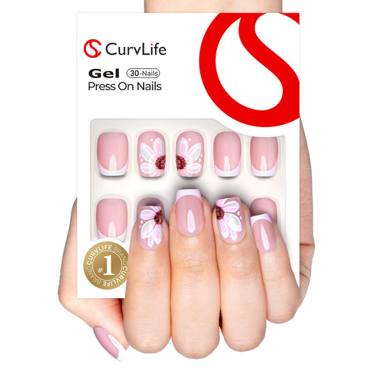 Curvlife Soft Gel Press on Nails, French Flower Nail Tips, Full Cover Short Design Reusable Fake Nails Kit with Glue and Adhesive Tabs