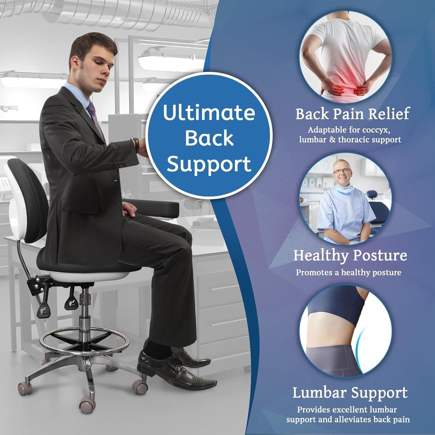 Medical Dental Assistant Chair with Rotatable Armrest Rolling Medical Chair Ergonomic Swivel Seating Back Support Dentist Stool for Clinics, Dental Offices, Labs-Black