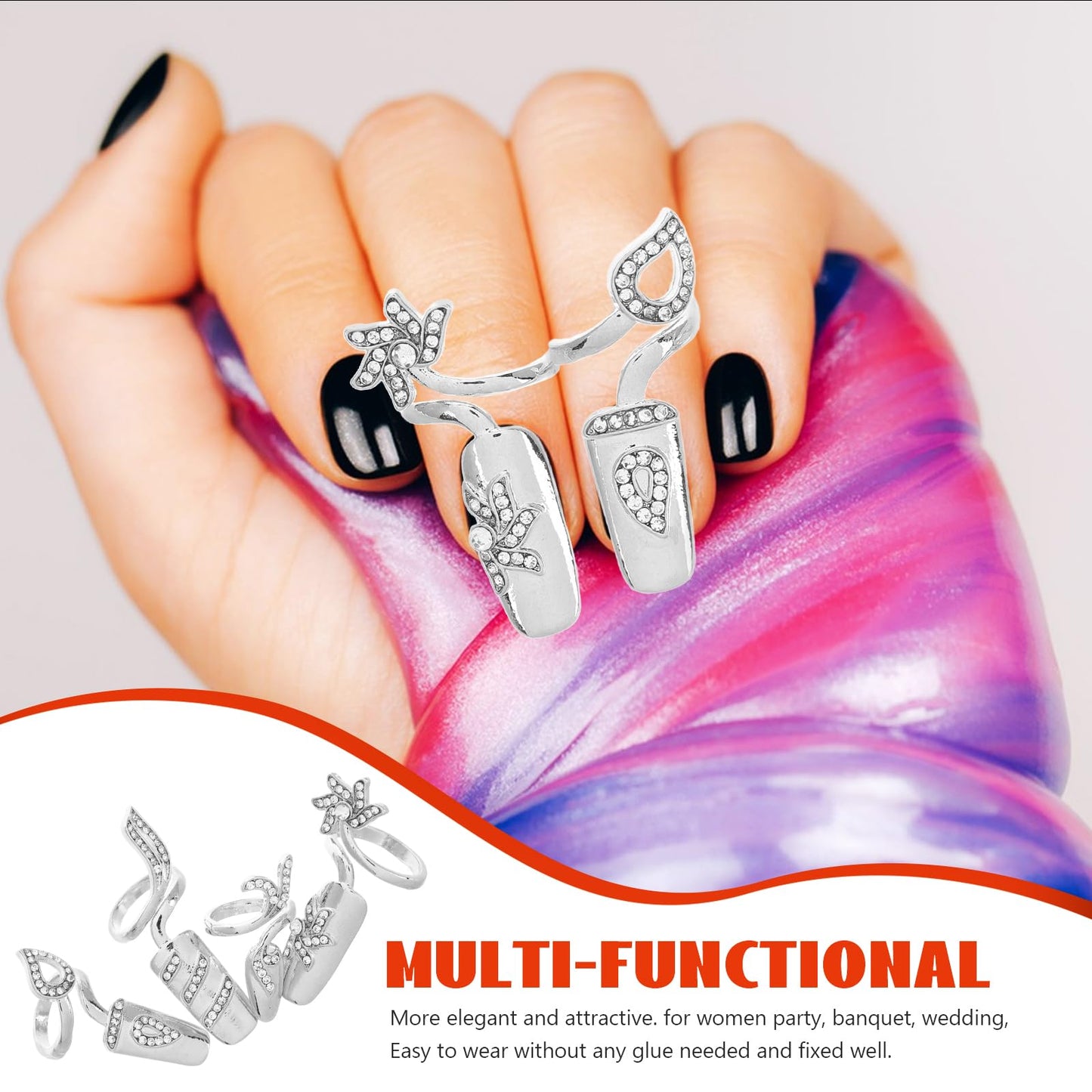 FRCOLOR 12Pcs Nail Rings with Rhinestone Metal Finger Rings Nail Decoration Fingernail Glitter Rings Nail Cover Ring Finger Patch Nail Jewelry