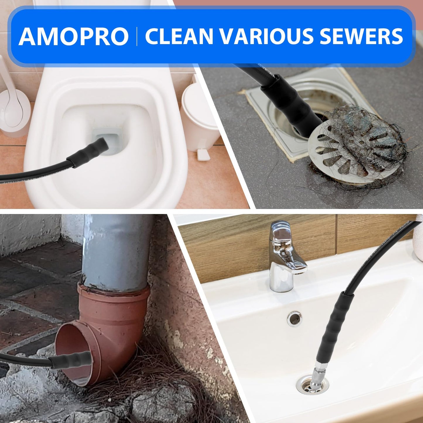 AMOPRO Sewer Jetter Kit for Pressure Washer, 5800PSI Drain Cleaner Hose 1/4 Inch NPT Corner Rotating and Button Nose Sewer Jetting Nozzle Spanner Watertight Tape Pearl Corsage Pin Handle Strap (50FT)