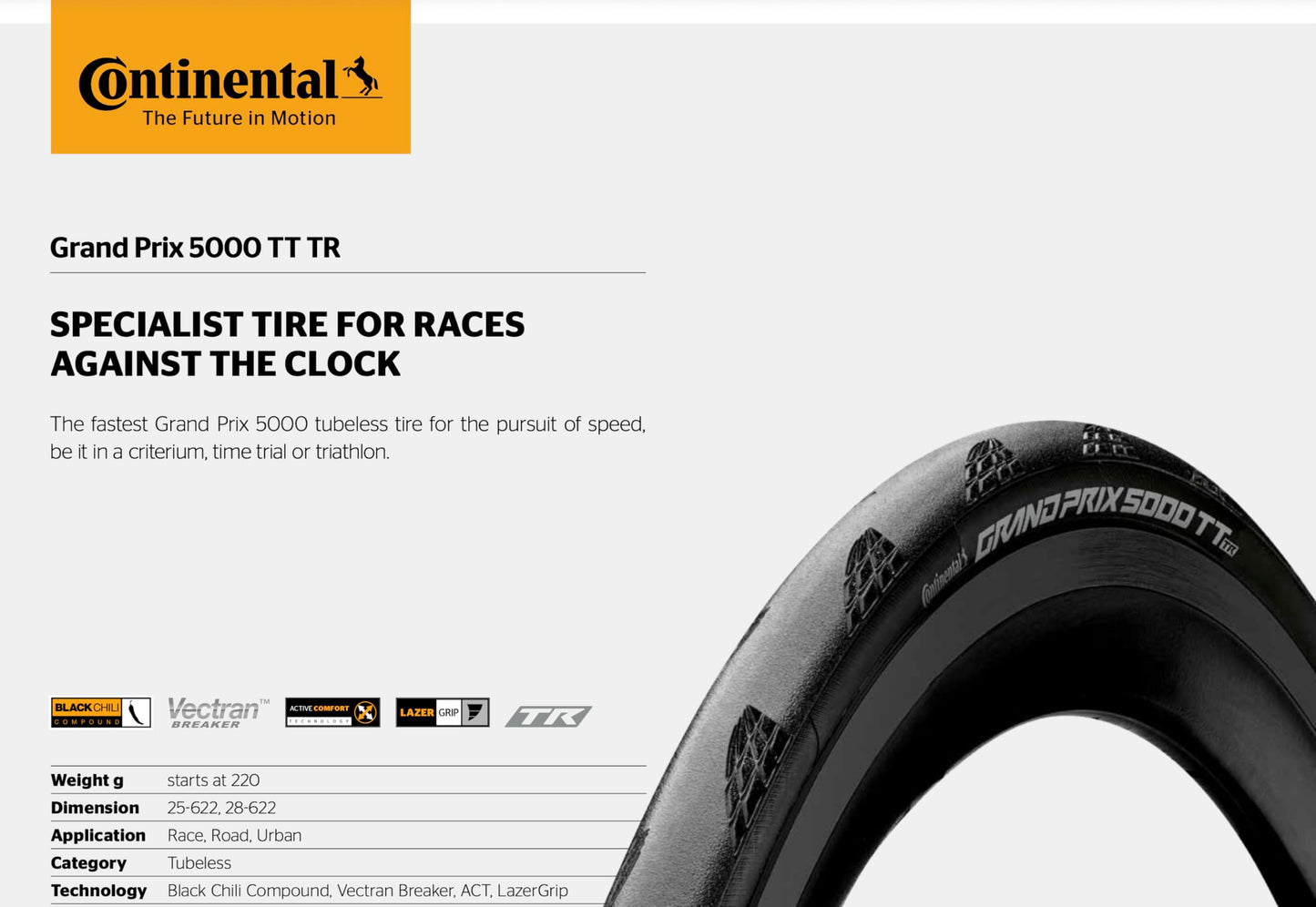 Continental Grand Prix 5000 TT TR - Tubeless Road Bike Tire | The Fastest, for the Pursuit of Speed - BlackChili, Vectran Breaker, LazerGrip, Active Comfort Technology (Black) (700x28)