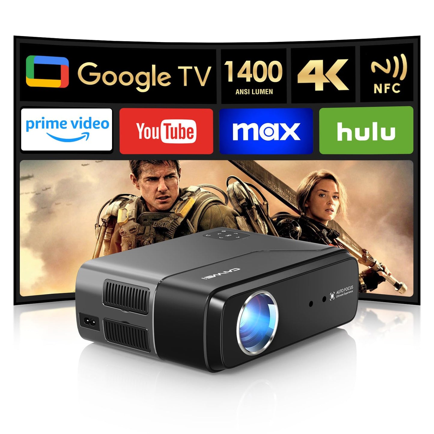 4K HDR Projector 1400 ANSI Ultra HD Portable Smart Projector with Wifi6 and Bluetooth, HDMI eARC, DD+, NFC, Auto Focus for Home Theater, Outdoor Movie, Bedroom