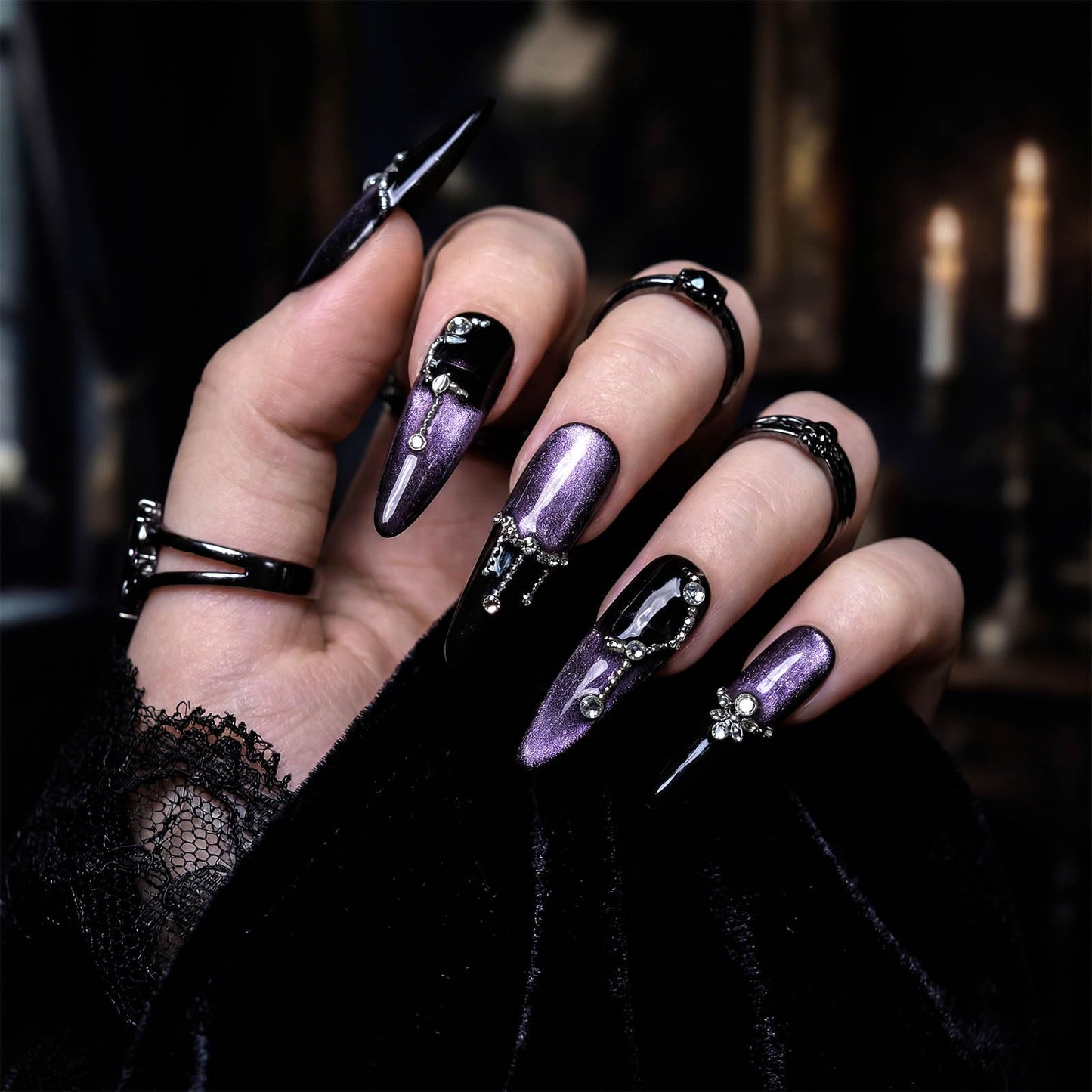 Sethexy Long Stiletto Press on nails Handmade Ombre, Gradient, Rhinstone, Salon Quality Full cover False Nail Tips 10 Pcs with Glue (Black & Purple Ombre)