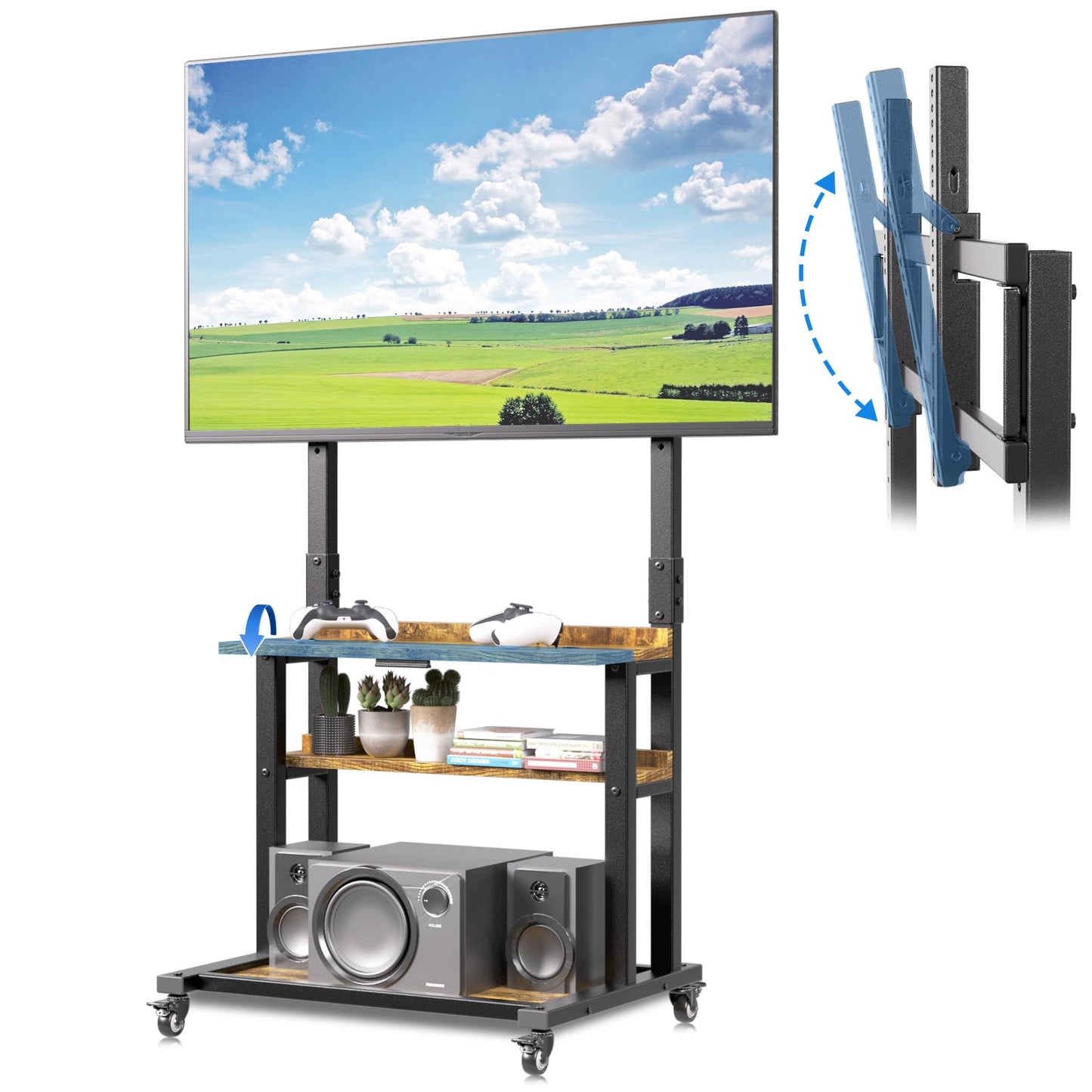 Entertainment Center with Large Storage and Foldable Table, Rolling TV Stand with Lockable Wheels, TVs Under 75 inches, Height Adjustable, Tall TV Stand for Outdoor, Bedroom, Living Room and Office