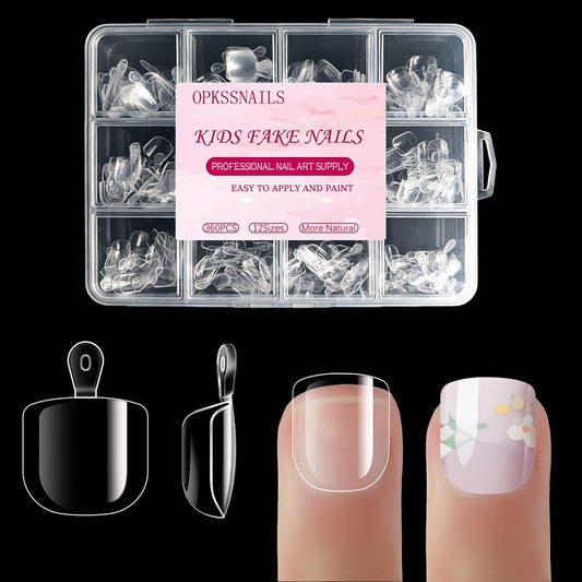 OPkssnails 360Pcs Super Extra Short Kid Nail Tips,Soft Gel Nail Tip Pre-Shaped Press On Nails For Kids,Clear Acrylic Half Matte Full Cover Fake Nail For Kids On 12sizes,7-10 Years Girl