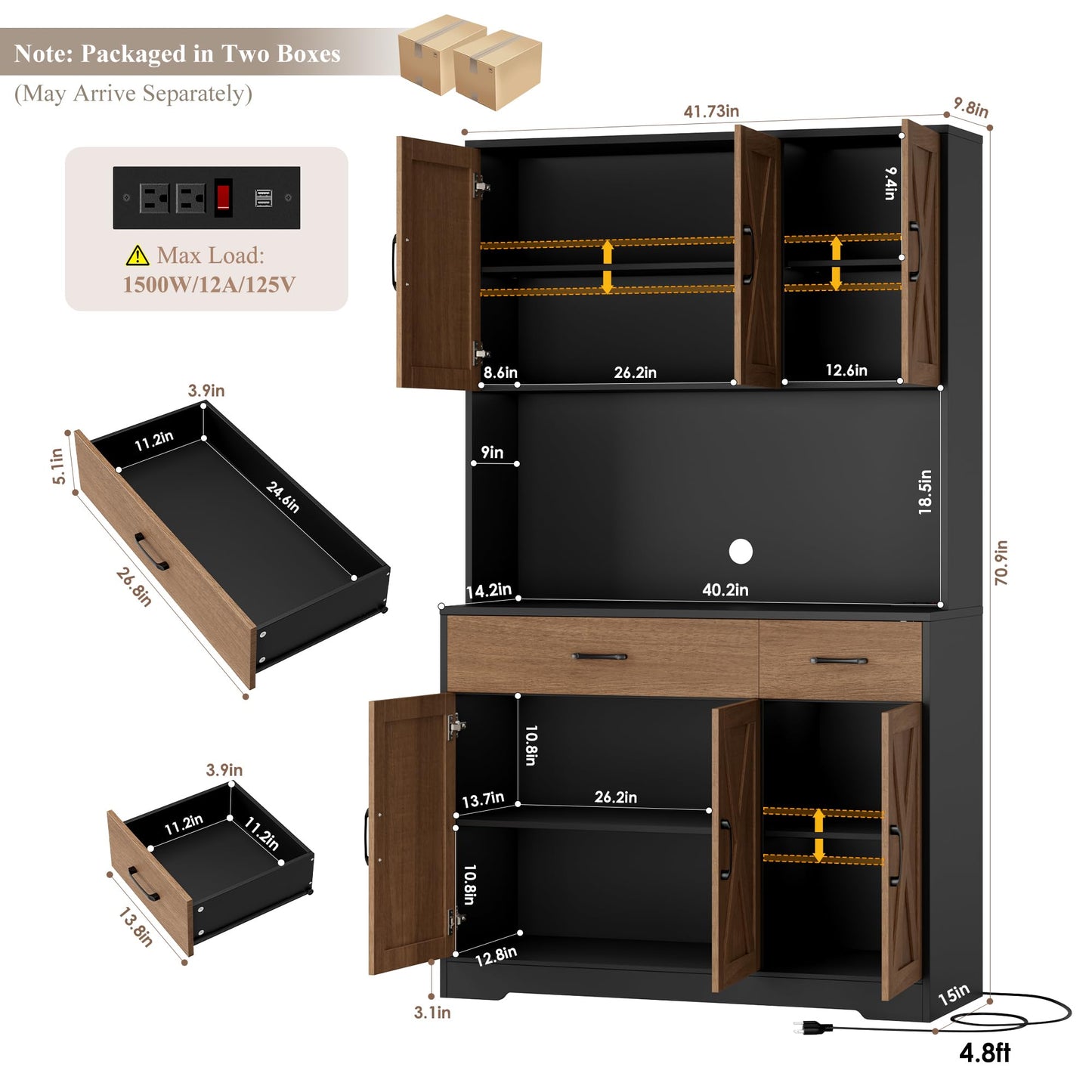 HOSTACK 71" Pantry Cabinet with Charging Station, Tall Kitchen Pantry Storage Cabinet with Microwave Stand, Farmhouse Kitchen Hutch with Storage Drawers for Living Room, Dining Room, Brown/Black