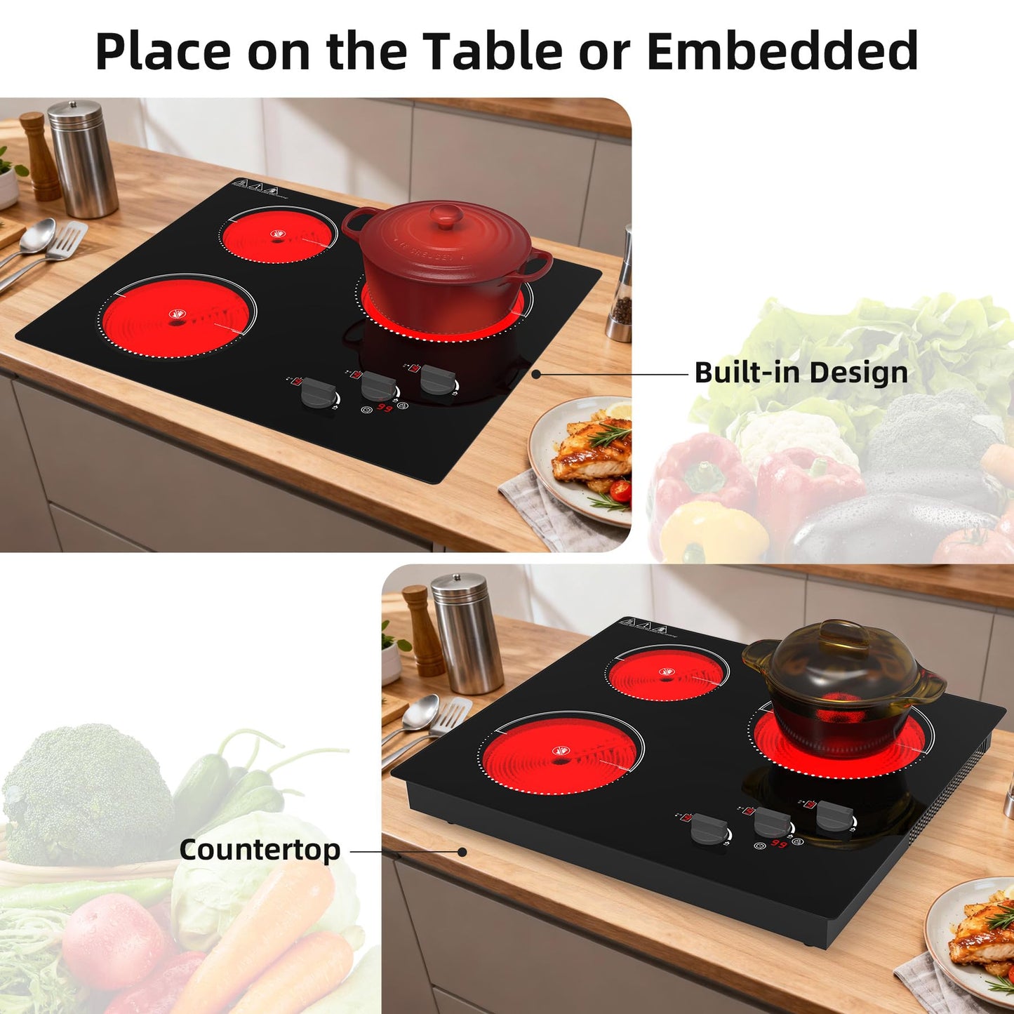 VBGK Electric Cooktop,24 inch 220V Stove Top,Touch and Knob Control,LED,9 Power Levels, Kids Lock &Timer,Overheat Protection,5000W 3 burner electric cooktop.